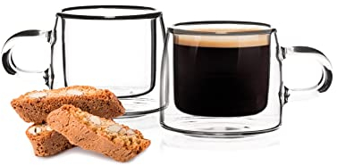 HOMLA Cembra - Juego de 2 tazas de cristal de doble pared para café, té, latte macchiato capuccino, apto para lavavajillas, altura de 5,5 cm, altura de 0,08 l