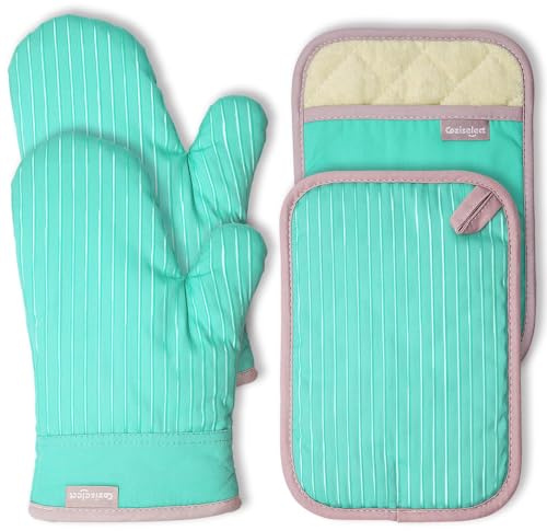 Coziselect Oven Mitts and Pot Holders Set, 4-Piece Heat Resistant Kitchen Set with Pocket Style Hot Pads & Silicon Non-Slip, Quilted Insulated Oven Gloves for Baking, BBQ, Grilling (Assorted Colors)