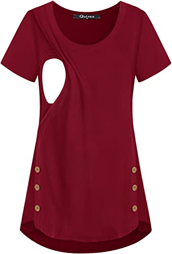 connche Nursing Tops for Breastfeeding Summer, Quinee Ladies Round Neck Short Sleeve Summer Plus Size Nursing Breastfeeding Tops Irregular Hem Layered Functional Feeding Tunic Blouses
