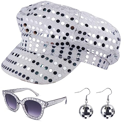 Dreamtop Sombrero de lentejuelas de los años 70, sombrero de discoteca plateado para adultos, sombrero Abba de los años 70, accesorios de discoteca con sombrero de lentejuelas, cumpleaños, baile