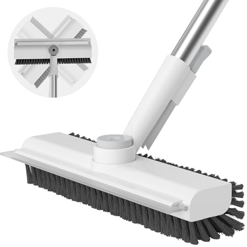 Floor Scrub Brush with Long Handle, 3 in 1 Scrape and Heavy-Duty Stiff Bristle Scrubber Brush for Cleaning Shower Bathroom, Patio, Pool, Garage, Kitchen, Wall and Deck (White, 1 Pack)