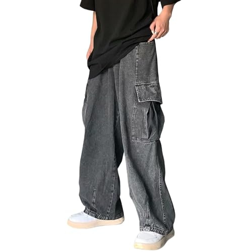 CzooM Baggy Jeans Hombre Y2K Hip Hop Baggy Cargo Jeans Pantalones Anchos, Baggy Loose Fit Jeans Pierna Recta Lavada Vintage Denim Pantalones para Niños Hombres (Color : Dark gray, Size : XL)