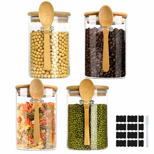 Eidoct 4pcs Glass Jars with Spoons, Food storage Containers with Airtight Wooden Lids, Overnight Oats Jars with Lids, Ideal Storage for Coffee, Flour, Tea, Sugar, Salt, Spice, Porridge and more