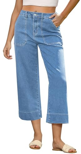 GRAPENT Casual Women's Capri Denim Pants - Stretchy High Waisted Wide Leg Cropped Jeans for Women - Ladies Roadknight Blue Size 12 to 14