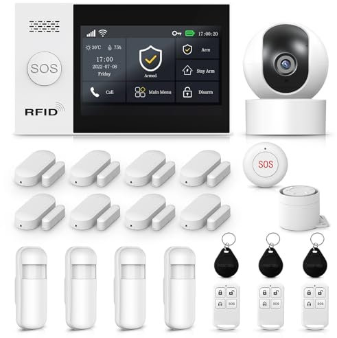 Sistema de Alarma de Seguridad para el hogar con cámara, Pantalla táctil inalámbrica de 12,9 cm (4.3), Compatible con Alexa y Google Home y Apartamentos.