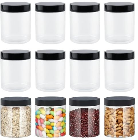 Eidoct Lot de 12 bocaux de rangement ronds en PET 500 ml avec couvercles à visser en polypropylène, pots de conservation anti-fuite pour aliments secs, épices, cosmétiques