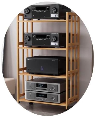 Easnuroz 3/4/5-Schicht HiFi-Audiokabinett Bambus HiFi Rack AV Regal Mit Rollen HiFi Audio Kabinett Medienregal Für AV-Verstärker/Turntable/Skybox/Drucker(Wood Color,70 * 38 * 123cm(4Tier))