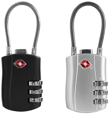Lot de 2 verrous à bagages homologués TSA - Combinaison à 3 chiffres - Cadenas à câble en acier réglable pour voyage, valise, sac à dos, casier, salle de sport (noir + argent)