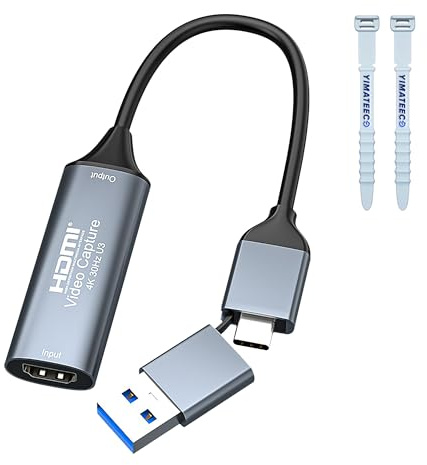YIMATEECO Carte de capture vidéo, 4K 1080p HDMI vers USB C Carte de capture audio vidéo avec adaptateur de type C, HD 4K 30 Hz, pour Windows, MacOs, Android, pour la diffusion en direct de jeux