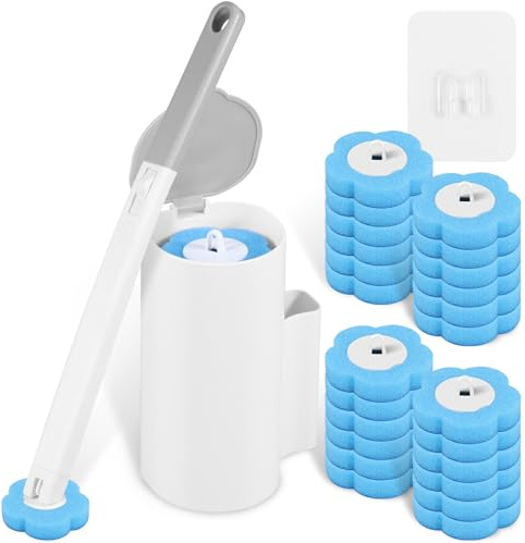 Toilet Wand Kit, Toilet Cleaner Brush with 24 Pcs Toilet Wand Replacement Heads, 360 Degree Cleaning Toilet Brush Cleaning Kit, Toilet Cleaning System for Bathroom Cleaning