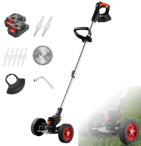 Tosaerba rotativo elettrico, diserbante a batteria senza fili con ruote, tagliaerba 3 in 1 senza fili, con 3 tipi di lame, 2 batterie incluse, per donne, cura del prato, giardino, cortile