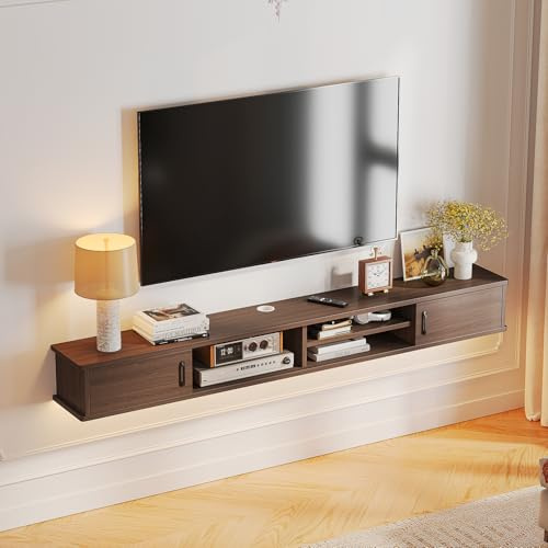 FloatiCasa Floating TV Stand,150cm Wall Mounted TV Unit with 2 Doors & 3 Open Cabinets, Plywood Media Console for Living Room, Bedroom Small Space Entertainment Centre with Cable Management, Walnut