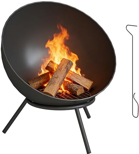 Outsunny Feuerschale 60 x 53 x 66cm verstellbar Feuerstelle mit Schürhaken Kohlegitter Ständer Feuerschalen Feuerkorb für Garten, Balkon Terrasse, Outdoor BBQ Camping Schwarz