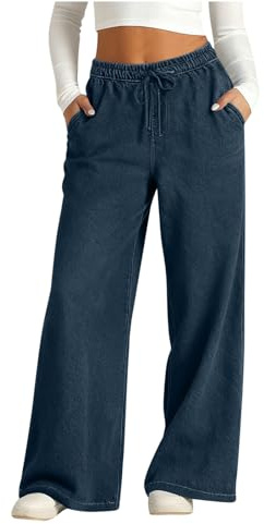 KHIRVWL Jeans Donna Vita Alta Jeans Donna Larghi Pantaloni con Elastico in Vita Casual Streetwear Comodi Elasticizzati Lavaggio Gamba Larga Denim Pantaloni Tinta Unita Curvy Eleganti Baggy
