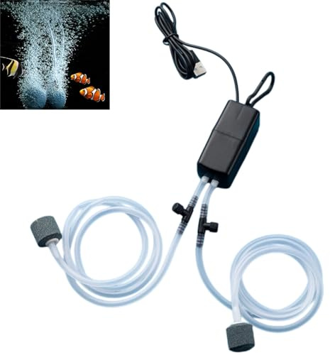 Aquarium Adjustable Air Pump Twin Valve,USB Aquarium Air Pump,Mini USB Ultra Silent A/quarium Fish Tank Oxygen Air Pump with Air Stone and Double Silicone Tube,Silent Oxygen Pump for A/quarium,Tank