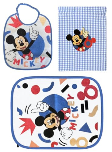 Disney cartoon Set asilo TOPOLINO 3 pezzi, bavaglino e tovaglietta con retro plastificato, sacca, completo per il pranzo