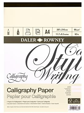 Daler-Rowney Calligraphy Drawing 90gsm Parchment Texture A4 Paper Pad, Glued 1 Side with 30 Sheets, 3 Assorted Colours, Ideal for Professional Artists & Students
