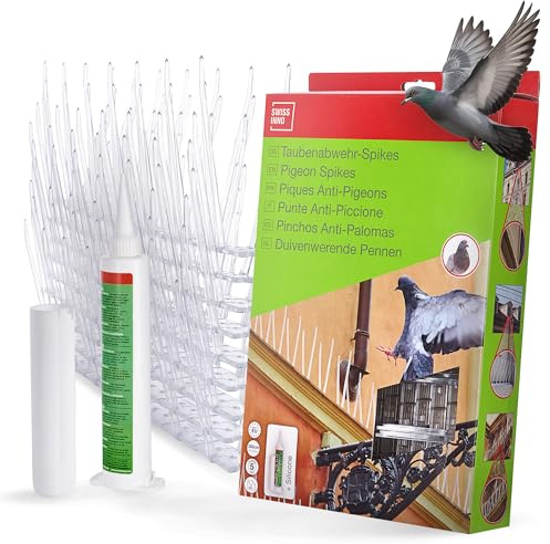 SWISSINNO Dissuasori per Piccioni 300cm (9×33,3 cm) - 9 Strisce da 33cm con Punte Anti-Uccello in Policarbonato + Silicone - Montaggio Rapido - Resistente UV - per davanzale, Balcone, grondaia