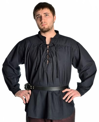 HEMAD Medeltida skjorta - Piratskjorta - LARP kläder - Bomull - Svart XL