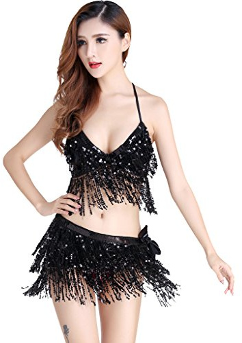 ZLTdream Belly Dance Costume Bra Top With Chest & Hip Scarf Skirt Rave outfits Carnival Costumes for Women with Sparkle Fringe Black