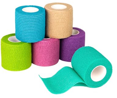 FriCARE Self Adhesive Bandage Wrap, Medical Tape in First Aid Kit, Cohesive Bandages for Wounds Sport Vet, 2 Inches X 5 Yards 6 Rolls, Rainbow