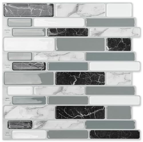Art3d 6-Sheets Peel and Stick Kitchen Backsplash Tiles, 12x12 Self-Adhesive Marble Grey Wall Tiles for Kitchen and Bathroom
