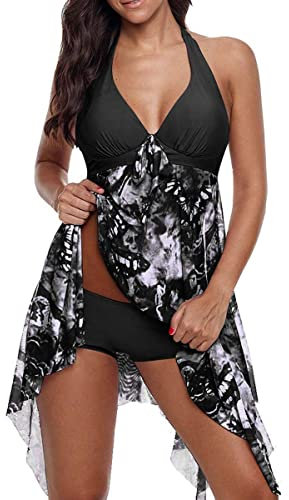 CIZEUR Tankini Damen Bauchweg Große Größen mit Short Badeanzug Blumendruck Push up Beachwear Swim Kleid Elegante XL Schwarz