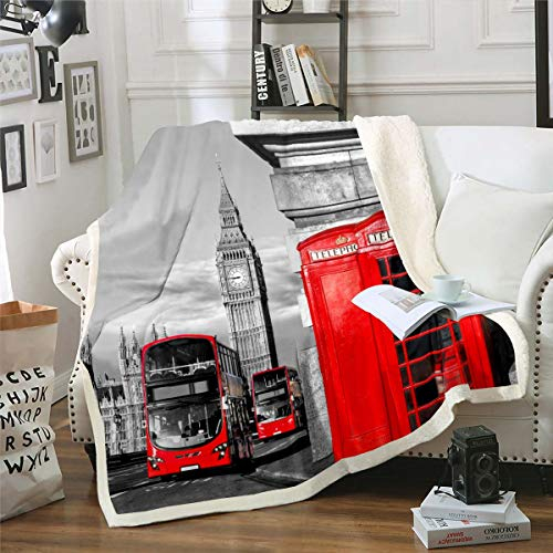 Modernes Stadtbild Wohndecke London Flanell Fleecedecke für Schlafsofa Couch Retro-Telefonzelle The Big Ben Print Decke Rot Grau Berühmtes europäisches Stadtzimmerdekor 150x200cm