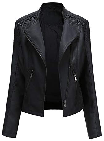 YYNUDA Lederjacke Damen Kurz Bikerjacke Reverskragen Motoradjacke Leder Jacke Übergangsjacke für Frühling Herbst（Schwarz XL）