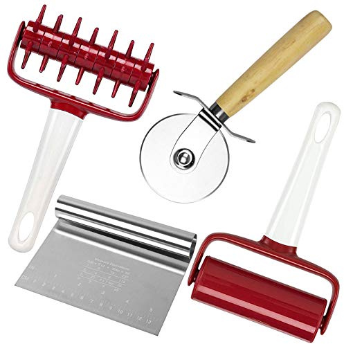 4 pcs Pizza Tools Set incl Dough Cutter Roller Docker and Pizza Cutter Wheel, Pastry Pizza Pie Roller Rolling Pins and Time-Saver Pizza Dough Docker (4 pcs)