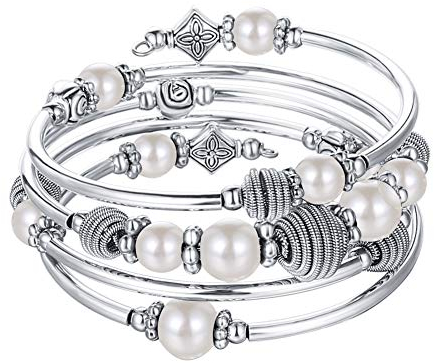 Bulinlin Silber Wickelarmband mit Naturstein Perlen Boho Mehrschichtiges Damen Armbänder Geburtstags Modegeschenk für Frauen(White Pearl)