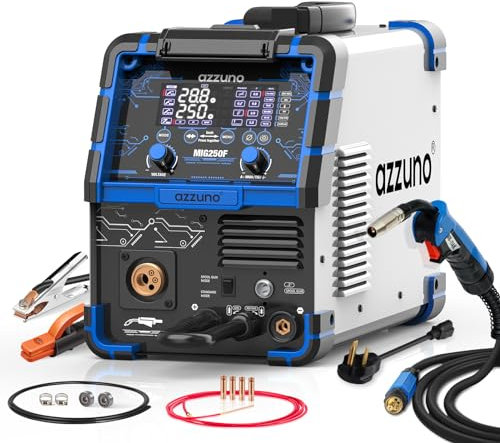 AZZUNO Aluminum 250Amp MIG Welder,6 in 1 Gas MIG/Gasless Flux Core /Stick/Lift TIG/Spot Welding/Spool Gun Compatible Welding Machine 110V/220V Large LED Display Multi Process Welder