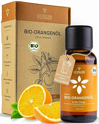 Heldengrün® BIO Orangenöl [100% NATURREIN] Kaltgepresst aus echten Orangen - Orangenöl zum Verzehr - Ätherisches Öl - Duftöl Orange Oil