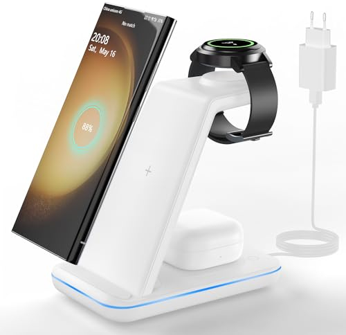 JoyGeek 3 in 1 Induktive Ladestation für Samsung, Wireless Charger für Samsung S25/S24/S23/S22/S21/ZFlip/Fold, Induktionsladegerät für Galaxy Watch Ultra/8-4, Kabelloses Ladegerät für Galaxy Buds-Weiß