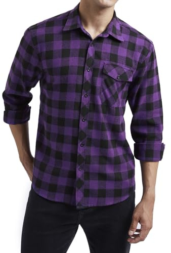 HISDERN Men's Long Sleeve Casual Plaid Flannel Shirt Checked Tartan Button Down Shirts for Men Purple/Black S