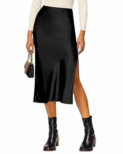 VividHarbor Satin High Waisted Midi Skirt Elastic Waistband Side Slit A Line Wedding Casual Skirts for Women Black