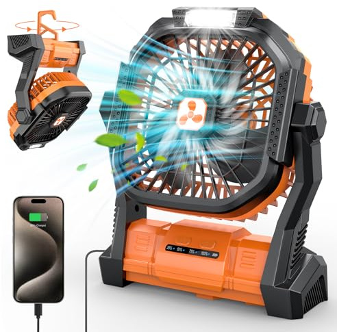 PEBEST Batteridriven fläkt 20 000 mAh sladdlös, uppladdningsbar bärbar fläkt med LED-lykta, bordsfläkt, USB-C-batteri, campingfläkt för resor, orange