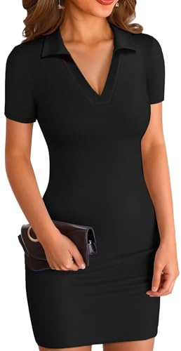 ELFIN Robe d’été Robe Moulante Femme Mini-Robe Courte côtelée Col Polo Manches Courtes Robe décontractée d’été Robes de Sport Moulantes