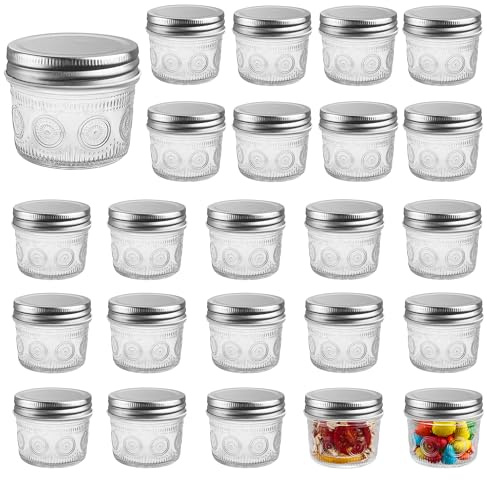 Amzcku 4 oz Glass Mason Jars with Regular Mouth Lids - 24-Pack Glass Canning Jars for Storage, Overnight Oats, Jam, Jelly, Honey, Beans, Spices, Wedding Favors, Shower Favors