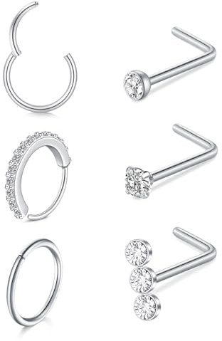LAURITAMI 6 Pezzi 20G Piercing Naso Acciaio Inossidabile,Cerchio Anello Septum Clicker 8mm e Forma L Piercing Naso Argento Brillantino Con Zirconi Gioielli per Donne Uomini