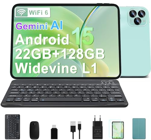 GOODTEL Tableta 10,1 Pulgadas con Android 15, 22 GB de RAM + 128 GB de ROM, WiFi 6, Bluetooth 5.0, Gemini AI, cámaras de 8+5 MP, WideVine L1, GMS, Tableta con Teclado y ratón (Verde)