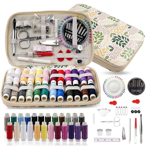 YUMILI Kit da cucito con motivo floreale, 130 pezzi, portatile, per casa, viaggi, cucito, set di accessori per arti e mestieri, set da cucito con cerniera, per regalo di emergenza per la casa (bianco)