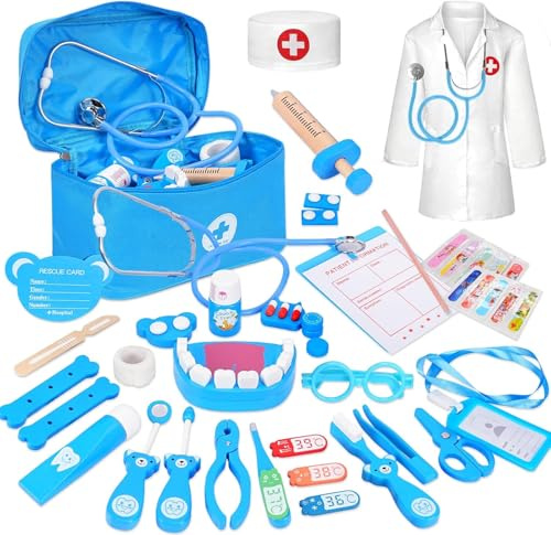 Valigetta Dottore Bambini,kit Dottoressa Bambina,Kit Dottore Bambino con Vero stetoscopio,Camice da Medico e Borsa da Medico Portatile,Gioco di Ruolo Gioco Educativo Regalo Bambinis di 3-8 Anni - Blu