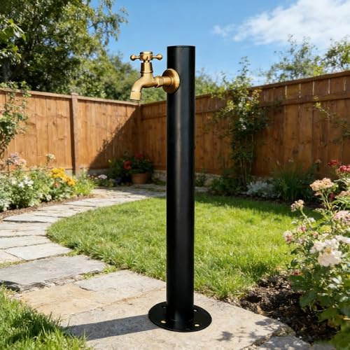 Columna de fuente de agua para jardín, con grifo, estación de tubería redonda, 60/80/95 cm de altura, grifo de pedestal para exteriores negro, hidrante de agua vertical(Estilo 3,Height: 95cm/37.4in)