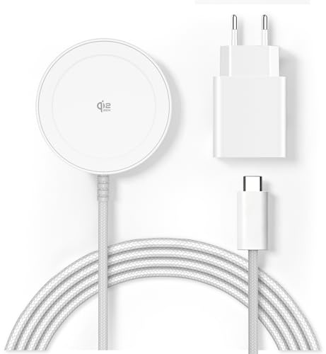 Caricatore wireless magnetico Qi2 25 W, pad con cavo 1,5 m compatibile con Mag-Safe per iPhone 17e/Air/17/16/15/14/13/12, Air-Pods 4/3/2/Pro, serie Pixel 10 e altro, adattatore 30 W - Bianco
