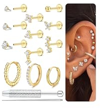 Chriscoco 16G Surgical Steel Labret Piercing Jewellery Internally Threaded Flat Back Earrings Nose Studs Helix Tragus Earrings Huggie Hoop Earring Lip Medusa Tragus Helix Piercing Jewellery Gold