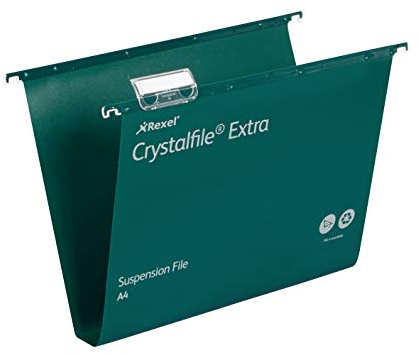Rexel A4 Heavy Duty Suspension Files with Tabs and Inserts for Filing Cabinets, 30 mm base, Polypropylene, Green, Crystalfile Extra, Pack of 25, 71759