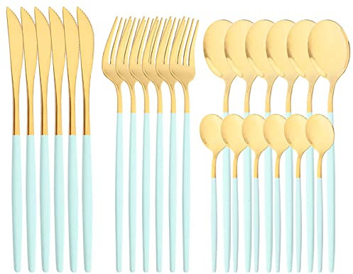 Snplowum Mirror Cutlery Serving Set, 24-piece 18/0 Stainless Steel Silverware With Mint Green Handle Simple & Modern Tableware For Home Party Dinner, Service For 6 (Mint Green Gold)