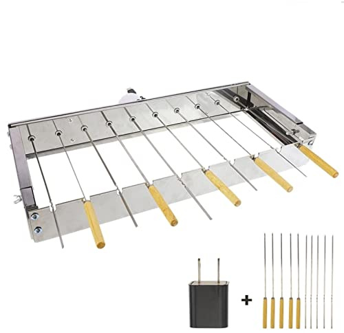 Parrilla giratoria automática de acero inoxidable con 10 pegatinas para pinchos, ancho ajustable para una experiencia perfecta de barbacoa
