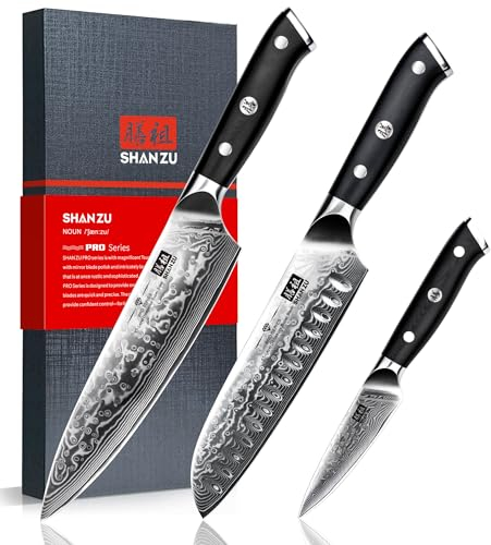 SHAN ZU Set Coltelli Damasco 3 Pezzi, Giapponesi Coltelli da Cucina 67 Strati in Super Acciaio Damasco, Set Coltello da Chef Ultra Affilati Professionali ad Alto Tenore di Carbonio con Manico G10